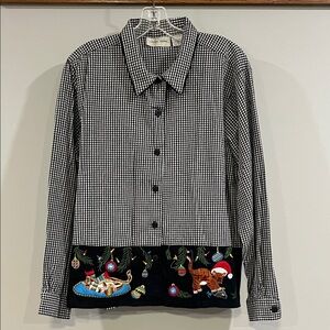 Lemon Grass - XL, Black and White Checkered Shirt Embroidery, Kitties